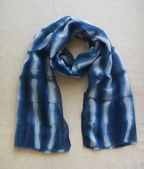 Aizome Natural Indigo Dyed Cotton Gauze Scarf {Broken Stripe}