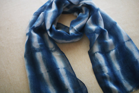 Aizome Natural Indigo Dyed Cotton Gauze Scarf {Broken Stripe}
